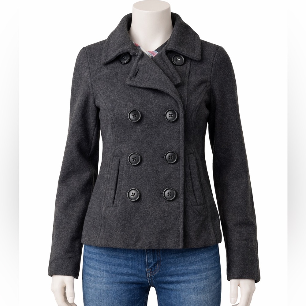 Aéropostale Women’s XS Charcoal Gray Peacoat Double Breasted Wool-Blend Jacket
